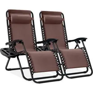 Set of 2 Adjustable Steel Mesh Zero Gravity Lounge Chair Recliners w/Pillows and Cup Holder Trays - Brown Set of 2 Adjustable Steel Mesh Zero Gravity Lounge Chair Recliners w/Pillows and Cup Holder Trays - Brown