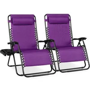 Set of 2 Extra Wide Adjustable Steel Mesh Zero Gravity Lounge Chair Recliners w/Pillows and Cup Holder Trays - Amethyst Purple Set of 2 Extra Wide Adjustable Steel Mesh Zero Gravity Lounge Chair Recliners w/Pillows and Cup Holder Trays - Amethyst Purple