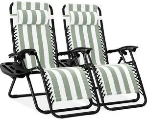 Set of 2 Adjustable Steel Mesh Zero Gravity Lounge Chair Recliners w/Pillows and Cup Holder Trays - Sage Green Striped Set of 2 Adjustable Steel Mesh Zero Gravity Lounge Chair Recliners w/Pillows and Cup Holder Trays - Sage Green Striped