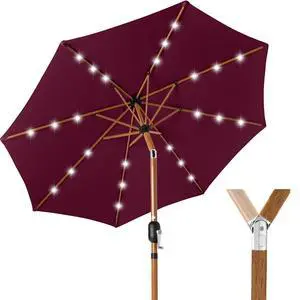 10ft Solar Market Patio Umbrella w/Woodgrain Pattern Pole, LED Lights, Tilt & Crank - Outdoor Sun Shade for Backyard Table, Deck, Poolside - Burgundy 10ft Solar Market Patio Umbrella w/Woodgrain Pattern Pole, LED Lights, Tilt & Crank - Outdoor Sun Shade for Backyard Table, Deck, Poolside - Burgundy
