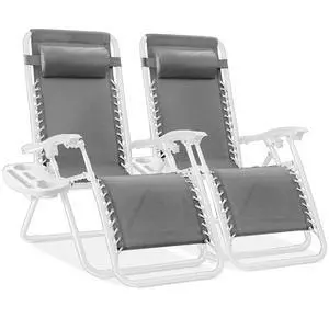 Set of 2 Adjustable Steel Mesh Zero Gravity Lounge Chair Recliners w/Pillows and Cup Holder Trays - Ice Gray/White Set of 2 Adjustable Steel Mesh Zero Gravity Lounge Chair Recliners w/Pillows and Cup Holder Trays - Ice Gray/White