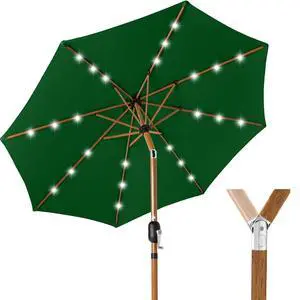 10ft Solar Market Patio Umbrella w/Woodgrain Pattern Pole, LED Lights, Tilt & Crank - Outdoor Sun Shade for Backyard Table, Deck, Poolside - Green 10ft Solar Market Patio Umbrella w/Woodgrain Pattern Pole, LED Lights, Tilt & Crank - Outdoor Sun Shade for Backyard Table, Deck, Poolside - Green