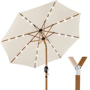 10ft Solar Market Patio Umbrella w/Woodgrain Pattern Pole, LED Lights, Tilt & Crank - Outdoor Sun Shade for Backyard Table, Deck, Poolside - Ivory 10ft Solar Market Patio Umbrella w/Woodgrain Pattern Pole, LED Lights, Tilt & Crank - Outdoor Sun Shade for Backyard Table, Deck, Poolside - Ivory