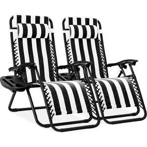 Set of 2 Adjustable Steel Mesh Zero Gravity Lounge Chair Recliners w/Pillows and Cup Holder Trays - Black Striped Set of 2 Adjustable Steel Mesh Zero Gravity Lounge Chair Recliners w/Pillows and Cup Holder Trays - Black Striped
