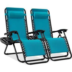 Set of 2 Adjustable Steel Mesh Zero Gravity Lounge Chair Recliners w/Pillows and Cup Holder Trays - Peacock Blue Set of 2 Adjustable Steel Mesh Zero Gravity Lounge Chair Recliners w/Pillows and Cup Holder Trays - Peacock Blue