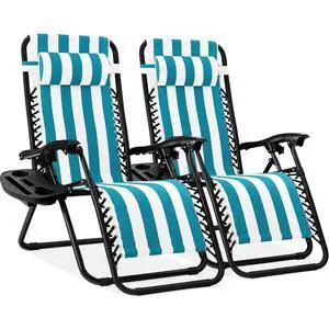 Set of 2 Adjustable Steel Mesh Zero Gravity Lounge Chair Recliners w/Pillows and Cup Holder Trays - Peacock Striped Set of 2 Adjustable Steel Mesh Zero Gravity Lounge Chair Recliners w/Pillows and Cup Holder Trays - Peacock Striped