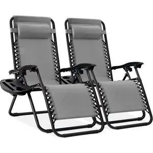 Set of 2 Adjustable Steel Mesh Zero Gravity Lounge Chair Recliners w/Pillows and Cup Holder Trays - Ice Gray Set of 2 Adjustable Steel Mesh Zero Gravity Lounge Chair Recliners w/Pillows and Cup Holder Trays - Ice Gray