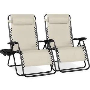 Set of 2 Extra Wide Adjustable Steel Mesh Zero Gravity Lounge Chair Recliners w/Pillows and Cup Holder Trays - Ivory Set of 2 Extra Wide Adjustable Steel Mesh Zero Gravity Lounge Chair Recliners w/Pillows and Cup Holder Trays - Ivory