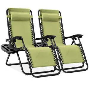 Set of 2 Adjustable Steel Mesh Zero Gravity Lounge Chair Recliners w/Pillows and Cup Holder Trays - Dusty Green/Black Set of 2 Adjustable Steel Mesh Zero Gravity Lounge Chair Recliners w/Pillows and Cup Holder Trays - Dusty Green/Black