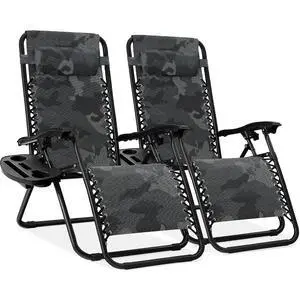 Set of 2 Adjustable Steel Mesh Zero Gravity Lounge Chair Recliners w/Pillows and Cup Holder Trays - Camoflage Set of 2 Adjustable Steel Mesh Zero Gravity Lounge Chair Recliners w/Pillows and Cup Holder Trays - Camoflage