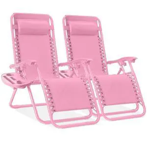 Set of 2 Adjustable Steel Mesh Zero Gravity Lounge Chair Recliners w/Pillows and Cup Holder Trays - Carnation Set of 2 Adjustable Steel Mesh Zero Gravity Lounge Chair Recliners w/Pillows and Cup Holder Trays - Carnation