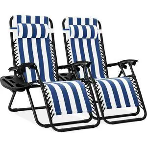 Set of 2 Adjustable Steel Mesh Zero Gravity Lounge Chair Recliners w/Pillows and Cup Holder Trays - Mediterranean Blue Striped Set of 2 Adjustable Steel Mesh Zero Gravity Lounge Chair Recliners w/Pillows and Cup Holder Trays - Mediterranean Blue Striped