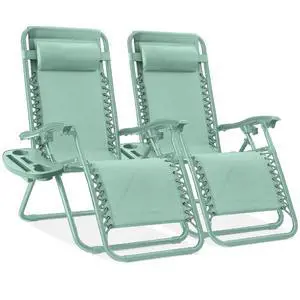 Set of 2 Adjustable Steel Mesh Zero Gravity Lounge Chair Recliners w/Pillows and Cup Holder Trays - Seafoam Set of 2 Adjustable Steel Mesh Zero Gravity Lounge Chair Recliners w/Pillows and Cup Holder Trays - Seafoam