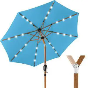 10ft Solar Market Patio Umbrella w/Woodgrain Pattern Pole, LED Lights, Tilt & Crank - Outdoor Sun Shade for Backyard Table, Deck, Poolside - Sky Blue 10ft Solar Market Patio Umbrella w/Woodgrain Pattern Pole, LED Lights, Tilt & Crank - Outdoor Sun Shade for Backyard Table, Deck, Poolside - Sky Blue