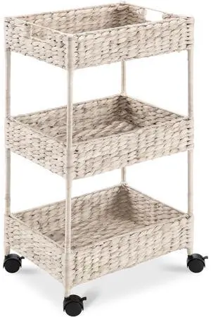 3-Tier Water Hyacinth Rolling Nursery Caddy w/Wheels, Utility Cart, Storage Organization for Bathroom, Craft Room, Laundry Room - Whitewash 3-Tier Water Hyacinth Rolling Nursery Caddy w/Wheels, Utility Cart, Storage Organization for Bathroom, Craft Room, Laundry Room - Whitewash