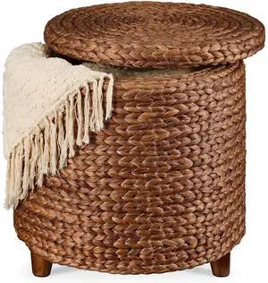 17" Round Storage Ottoman W/Lid, Handwoven Water Hyacinth Footstool, Footrest w/Wooden Legs, Accent Side Table, Storage Container, Plant Stand - Chestnut 17" Round Storage Ottoman W/Lid, Handwoven Water Hyacinth Footstool, Footrest w/Wooden Legs, Accent Side Table, Storage Container, Plant Stand - Chestnut