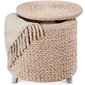 17" Round Storage Ottoman W/Lid, Handwoven Water Hyacinth Footstool, Footrest w/Wooden Legs, Accent Side Table, Storage Container, Plant Stand - Whitewash 17" Round Storage Ottoman W/Lid, Handwoven Water Hyacinth Footstool, Footrest w/Wooden Legs, Accent Side Table, Storage Container, Plant Stand - Whitewash