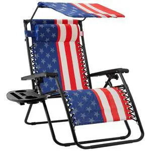Folding Zero Gravity Outdoor Recliner Patio Lounge Chair w/Adjustable Canopy Shade, Headrest, Side Accessory Tray, Textilene Mesh - American Flag Folding Zero Gravity Outdoor Recliner Patio Lounge Chair w/Adjustable Canopy Shade, Headrest, Side Accessory Tray, Textilene Mesh - American Flag