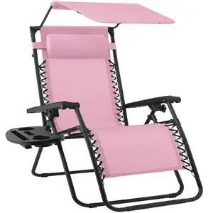 Folding Zero Gravity Outdoor Recliner Patio Lounge Chair w/Adjustable Canopy Shade, Headrest, Side Accessory Tray, Textilene Mesh - Bubblegum Pink Folding Zero Gravity Outdoor Recliner Patio Lounge Chair w/Adjustable Canopy Shade, Headrest, Side Accessory Tray, Textilene Mesh - Bubblegum Pink