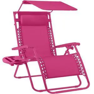 Folding Zero Gravity Outdoor Recliner Patio Lounge Chair w/Adjustable Canopy Shade, Headrest, Side Accessory Tray, Textilene Mesh - Hot Pink Folding Zero Gravity Outdoor Recliner Patio Lounge Chair w/Adjustable Canopy Shade, Headrest, Side Accessory Tray, Textilene Mesh - Hot Pink