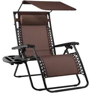 Folding Zero Gravity Outdoor Recliner Patio Lounge Chair w/Adjustable Canopy Shade, Headrest, Side Accessory Tray, Textilene Mesh - Brown Folding Zero Gravity Outdoor Recliner Patio Lounge Chair w/Adjustable Canopy Shade, Headrest, Side Accessory Tray, Textilene Mesh - Brown