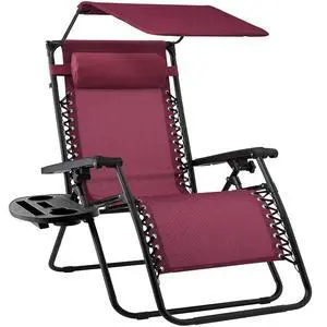 Folding Zero Gravity Outdoor Recliner Patio Lounge Chair w/Adjustable Canopy Shade, Headrest, Side Accessory Tray, Textilene Mesh - Burgundy Folding Zero Gravity Outdoor Recliner Patio Lounge Chair w/Adjustable Canopy Shade, Headrest, Side Accessory Tray, Textilene Mesh - Burgundy