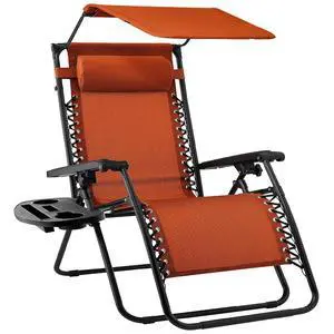 Folding Zero Gravity Outdoor Recliner Patio Lounge Chair w/Adjustable Canopy Shade, Headrest, Side Accessory Tray, Textilene Mesh - Burnt Orange Folding Zero Gravity Outdoor Recliner Patio Lounge Chair w/Adjustable Canopy Shade, Headrest, Side Accessory Tray, Textilene Mesh - Burnt Orange