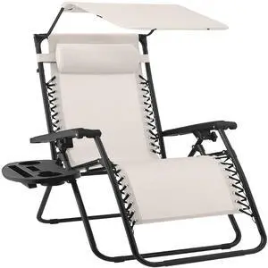 30 Wide Folding Zero Gravity Outdoor Recliner Patio Lounge Chair w/Adjustable Canopy Shade, Headrest, Side Accessory Tray - Ivory 30 Wide Folding Zero Gravity Outdoor Recliner Patio Lounge Chair w/Adjustable Canopy Shade, Headrest, Side Accessory Tray - Ivory