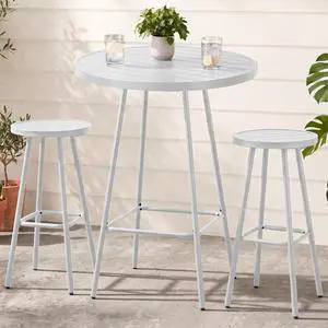 3-Piece Patio Dining Set, Bar Height, Outdoor Bistro Set, Outdoor Round Bar Table w/ 2 Bar Stools, Steel - White 3-Piece Patio Dining Set, Bar Height, Outdoor Bistro Set, Outdoor Round Bar Table w/ 2 Bar Stools, Steel - White