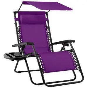 Folding Zero Gravity Outdoor Recliner Patio Lounge Chair w/Adjustable Canopy Shade, Headrest, Side Accessory Tray, Textilene Mesh - Amethyst Purple Folding Zero Gravity Outdoor Recliner Patio Lounge Chair w/Adjustable Canopy Shade, Headrest, Side Accessory Tray, Textilene Mesh - Amethyst Purple