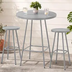 3-Piece Patio Dining Set, Bar Height, Outdoor Bistro Set, Outdoor Round Bar Table w/ 2 Bar Stools, Steel - Gray 3-Piece Patio Dining Set, Bar Height, Outdoor Bistro Set, Outdoor Round Bar Table w/ 2 Bar Stools, Steel - Gray
