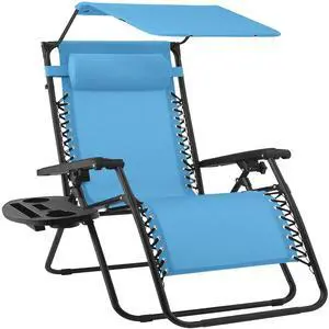 30 Wide Folding Zero Gravity Outdoor Recliner Patio Lounge Chair w/Adjustable Canopy Shade, Headrest, Side Accessory Tray - Light Blue 30 Wide Folding Zero Gravity Outdoor Recliner Patio Lounge Chair w/Adjustable Canopy Shade, Headrest, Side Accessory Tray - Light Blue