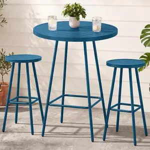 3-Piece Patio Dining Set, Bar Height, Outdoor Bistro Set, Outdoor Round Bar Table w/ 2 Bar Stools, Steel - Peacock Blue 3-Piece Patio Dining Set, Bar Height, Outdoor Bistro Set, Outdoor Round Bar Table w/ 2 Bar Stools, Steel - Peacock Blue