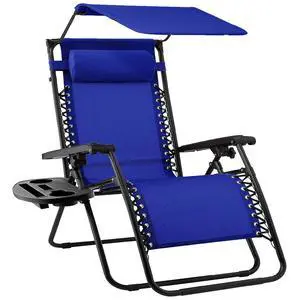 Folding Zero Gravity Outdoor Recliner Patio Lounge Chair w/Adjustable Canopy Shade, Headrest, Side Accessory Tray, Textilene Mesh - Cobalt Blue Folding Zero Gravity Outdoor Recliner Patio Lounge Chair w/Adjustable Canopy Shade, Headrest, Side Accessory Tray, Textilene Mesh - Cobalt Blue