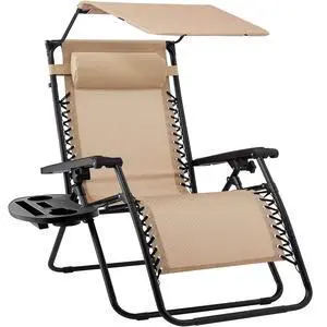 Folding Zero Gravity Outdoor Recliner Patio Lounge Chair w/Adjustable Canopy Shade, Headrest, Side Accessory Tray, Textilene Mesh - Beige Folding Zero Gravity Outdoor Recliner Patio Lounge Chair w/Adjustable Canopy Shade, Headrest, Side Accessory Tray, Textilene Mesh - Beige