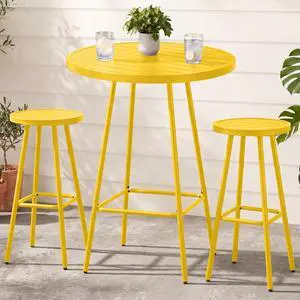 3-Piece Patio Dining Set, Bar Height, Outdoor Bistro Set, Outdoor Round Bar Table w/ 2 Bar Stools, Steel - Yellow 3-Piece Patio Dining Set, Bar Height, Outdoor Bistro Set, Outdoor Round Bar Table w/ 2 Bar Stools, Steel - Yellow
