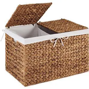 Wicker Storage Basket W/ 2 Separate Lids, Rattan Woven 17.2 Gallon (65L) Basket, Foldable, Removable Washable Liner Bags for Toys, Linens, Blankets, & Laundry - Chestnut Wicker Storage Basket W/ 2 Separate Lids, Rattan Woven 17.2 Gallon (65L) Basket, Foldable, Removable Washable Liner Bags for Toys, Linens, Blankets, & Laundry - Chestnut