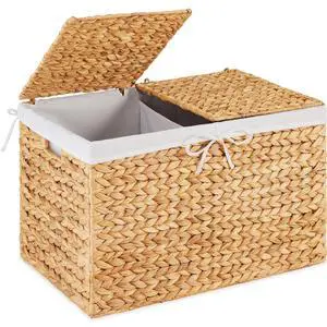 Wicker Storage Basket W/ 2 Separate Lids, Rattan Woven 17.2 Gallon (65L) Basket, Foldable, Removable Washable Liner Bags for Toys, Linens, Blankets, & Laundry - Natural Wicker Storage Basket W/ 2 Separate Lids, Rattan Woven 17.2 Gallon (65L) Basket, Foldable, Removable Washable Liner Bags for Toys, Linens, Blankets, & Laundry - Natural