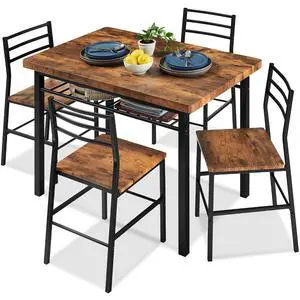 5-Piece Modern Dining Set W/Steel Frame, Space Saving Rectangular Kitchen Table W/ 4 Matching Chairs & Storage Rack for Apartments, Kitchens & Dining Rooms - Medium Brown/Black 5-Piece Modern Dining Set W/Steel Frame, Space Saving Rectangular Kitchen Table W/ 4 Matching Chairs & Storage Rack for Apartments, Kitchens & Dining Rooms - Medium Brown/Black