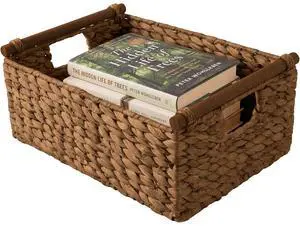 Wicker Storage Basket, Shelf Organizer Basket w/Wooden Handles, Woven Rectangular Storage Bin, Natural Water Hyacinth for Pantry, Closet, Laundry Room, & Living Room - Chestnut Wicker Storage Basket, Shelf Organizer Basket w/Wooden Handles, Woven Rectangular Storage Bin, Natural Water Hyacinth for Pantry, Closet, Laundry Room, & Living Room - Chestnut