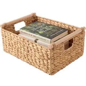 Wicker Storage Basket, Shelf Organizer Basket w/Wooden Handles, Woven Rectangular Storage Bin, Natural Water Hyacinth for Pantry, Closet, Laundry Room, & Living Room - Natural Wicker Storage Basket, Shelf Organizer Basket w/Wooden Handles, Woven Rectangular Storage Bin, Natural Water Hyacinth for Pantry, Closet, Laundry Room, & Living Room - Natural