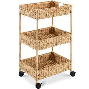 3-Tier Water Hyacinth Rolling Nursery Caddy w/Wheels, Utility Cart, Storage Organization for Bathroom, Craft Room, Laundry Room - Natural 3-Tier Water Hyacinth Rolling Nursery Caddy w/Wheels, Utility Cart, Storage Organization for Bathroom, Craft Room, Laundry Room - Natural