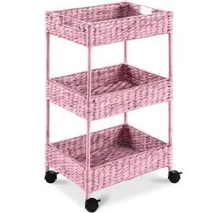 3-Tier Water Hyacinth Rolling Nursery Caddy w/Wheels, Utility Cart, Storage Organization for Bathroom, Craft Room, Laundry Room - Pink 3-Tier Water Hyacinth Rolling Nursery Caddy w/Wheels, Utility Cart, Storage Organization for Bathroom, Craft Room, Laundry Room - Pink