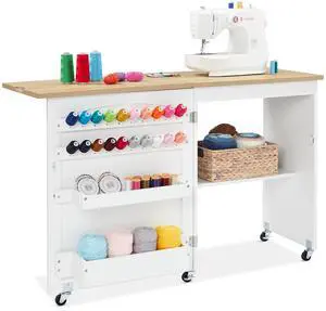 Folding Sewing Table Multipurpose Craft Station & Side Desk with Compact Design, Wheels, Shelves, Storage Trays, Pegs, Magnetic Doors, Metal Doorknobs - Natural/White Folding Sewing Table Multipurpose Craft Station & Side Desk with Compact Design, Wheels, Shelves, Storage Trays, Pegs, Magnetic Doors, Metal Doorknobs - Natural/White