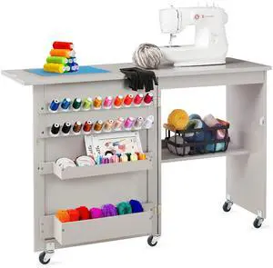 Folding Sewing Table Multipurpose Craft Station & Side Desk with Compact Design, Wheels, Shelves, Storage Trays, Pegs, Magnetic Doors, Metal Doorknobs - Gray Folding Sewing Table Multipurpose Craft Station & Side Desk with Compact Design, Wheels, Shelves, Storage Trays, Pegs, Magnetic Doors, Metal Doorknobs - Gray