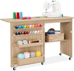 Folding Sewing Table Multipurpose Craft Station & Side Desk with Compact Design, Wheels, Shelves, Storage Trays, Pegs, Magnetic Doors, Metal Doorknobs - Light Brown Folding Sewing Table Multipurpose Craft Station & Side Desk with Compact Design, Wheels, Shelves, Storage Trays, Pegs, Magnetic Doors, Metal Doorknobs - Light Brown