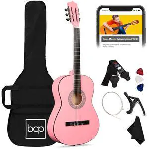38in Beginner All Wood Acoustic Guitar Starter Kit w/Gig Bag, 6 Picks, Nylon Strings, Strap w/Pick Holder - Pink 38in Beginner All Wood Acoustic Guitar Starter Kit w/Gig Bag, 6 Picks, Nylon Strings, Strap w/Pick Holder - Pink