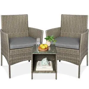 3-Piece Outdoor Wicker Conversation Bistro Set, Space Saving Patio Furniture for Garden w/Side Table - Taupe/Cement Gray 3-Piece Outdoor Wicker Conversation Bistro Set, Space Saving Patio Furniture for Garden w/Side Table - Taupe/Cement Gray