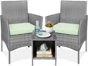 3-Piece Outdoor Wicker Conversation Bistro Set, Space Saving Patio Furniture for Garden w/Side Table - Gray/Light Mint 3-Piece Outdoor Wicker Conversation Bistro Set, Space Saving Patio Furniture for Garden w/Side Table - Gray/Light Mint