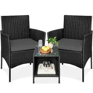 3-Piece Outdoor Wicker Conversation Bistro Set, Space Saving Patio Furniture for Garden w/Side Table - Black/Gray 3-Piece Outdoor Wicker Conversation Bistro Set, Space Saving Patio Furniture for Garden w/Side Table - Black/Gray